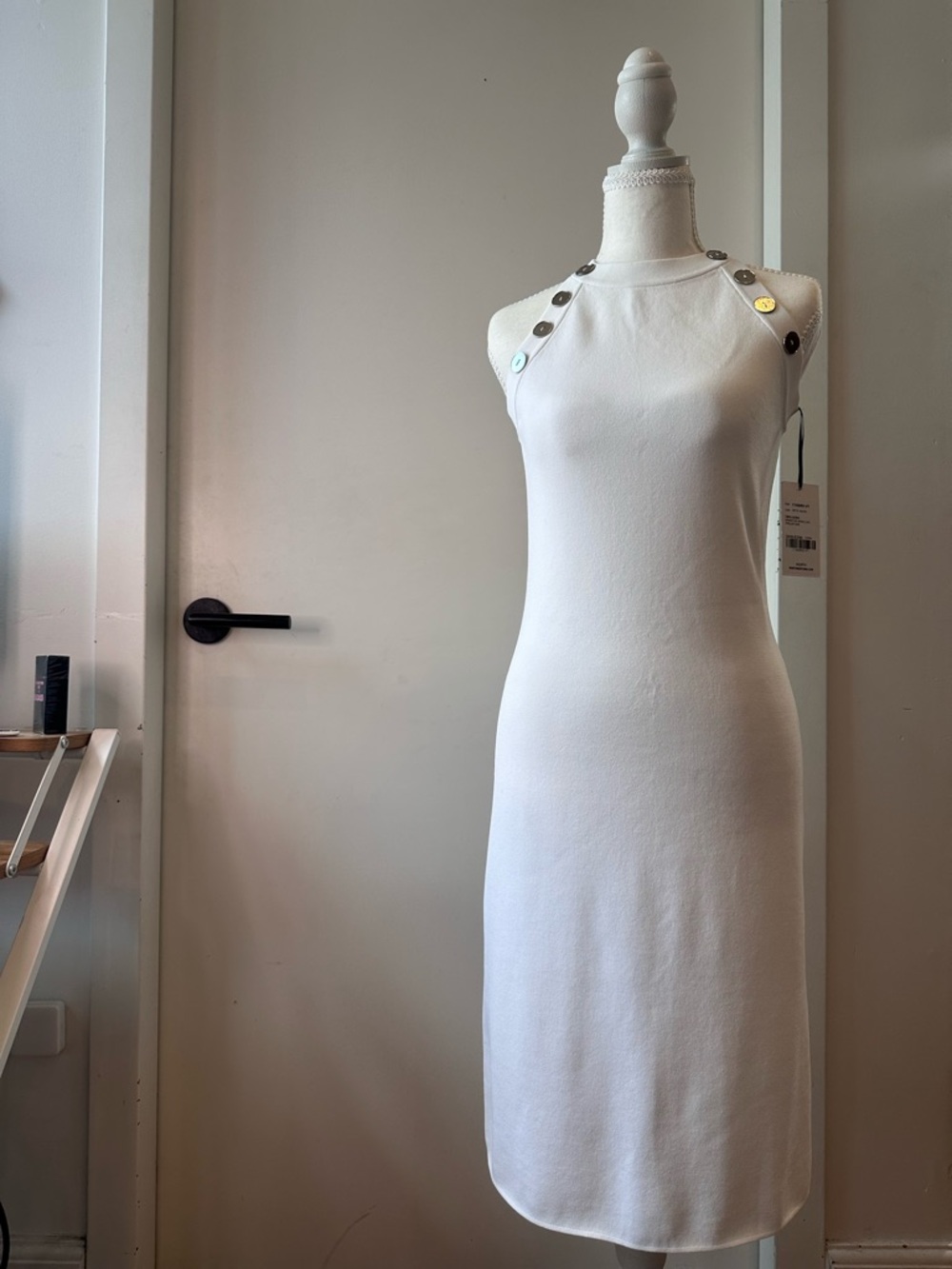 Worth White Sleeveless Midi Dress with Shoulder Buttons